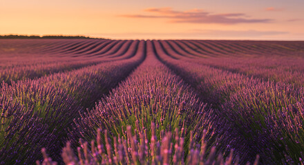Fototapeta premium Blooming lavender plantation in golden hour