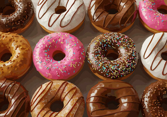 Delicious Assorted Donuts with Colorful Frosting and Toppings – High-Resolution Sweet Treat Collection
