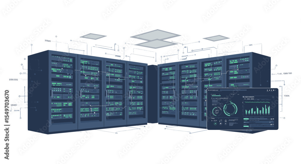 Poster data center illustration with network server system and analytics dashboard vector illustration