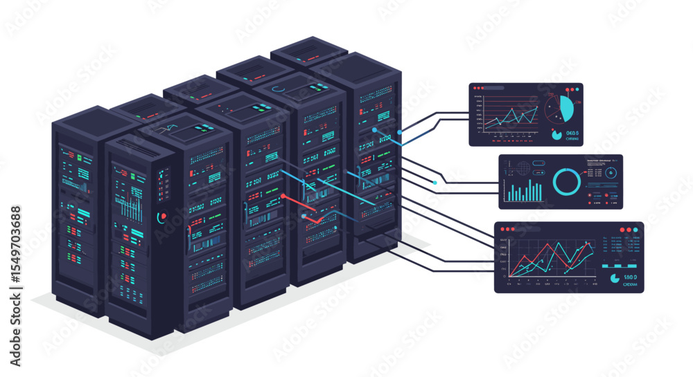 Poster data center network with digital interfaces for technology and it infrastructure design vector illus