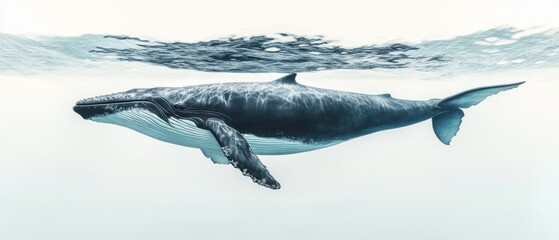 Whale swimming near the ocean surface depicted from a side view
