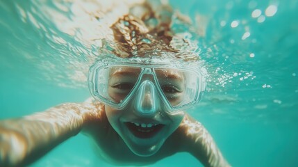 Naklejka premium A vibrant underwater image of a smiling child wearing swim goggles, capturing the pure joy and excitement of exploring the aquatic world with playful abandon and enthusiasm.