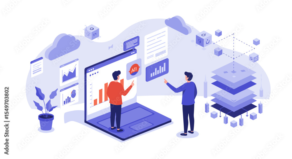 Poster data analysis and ai integration concept with team collaboration for modern business solutions vecto