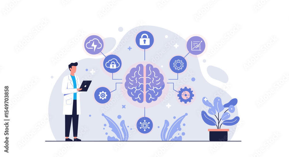 Aufkleber artificial intelligence and machine learning concept with human brain and data security insights vec