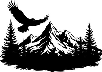 Obraz premium Eagle Flying Over Mountain and Forest Silhouette vector graphics