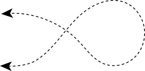 Curved dashed arrow forming a loop and splitting toward two directions at the end.