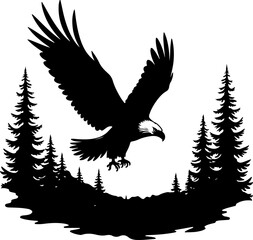 Obraz premium Eagle Flying Over Mountain and Forest Silhouette vector graphics