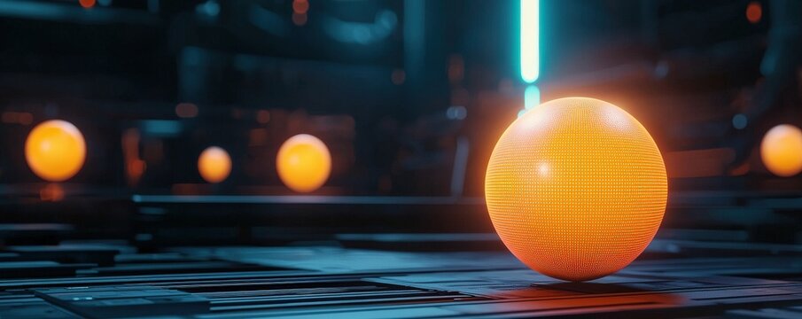 Quantum Computing superposition concept. Bright, glowing sphere in a futuristic, dark environment.