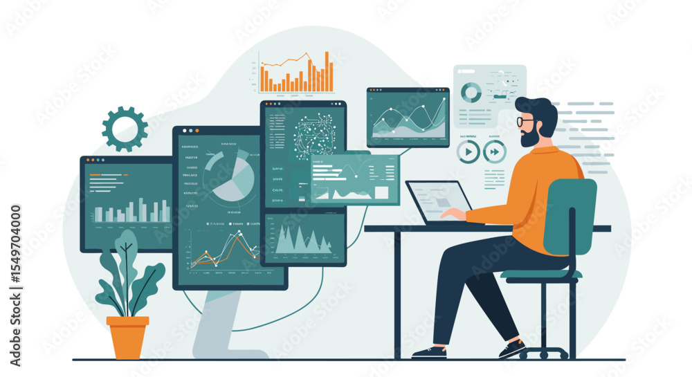 Poster data analysis and visualization concept with professional using digital interface for research and i