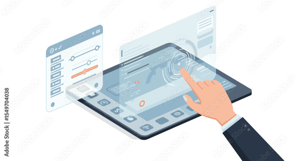 Poster interactive digital interface with touchscreen for technology and innovation design vector illustrat