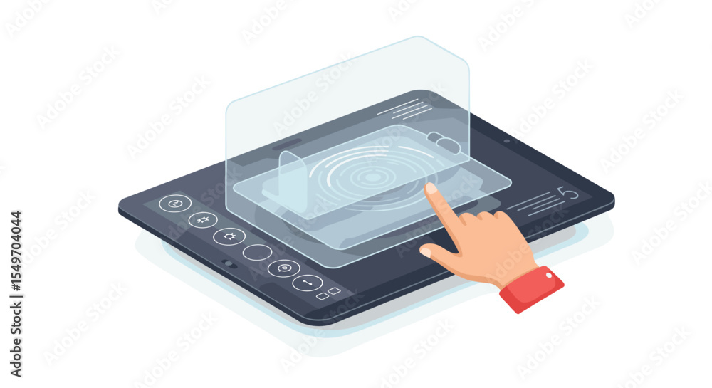 Poster futuristic touchscreen technology with interactive holographic interface design for innovation vecto
