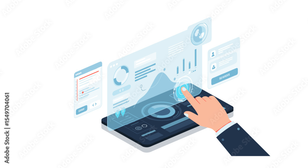 Poster interactive data visualization in futuristic user interface design for digital solutions vector illu