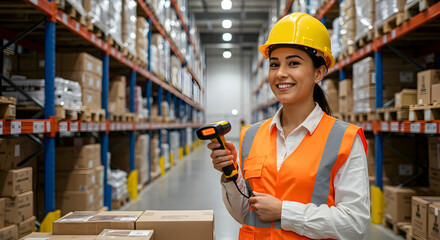 Smiling warehouse worker using barcode scanner efficient logistics supply chain management inventory control