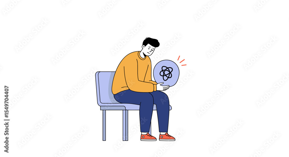 Poster man exploring technology with interactive atom model in educational setting vector illustration