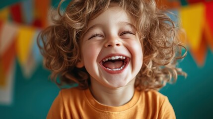A close-up of a cheerful child with curly hair, radiating joy and laughter, surrounded by colorful decorations that convey a playful and festive atmosphere.