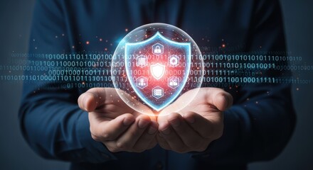 Photo of a man is holding a glowing orb with a shield icon inside, representing data protection and security