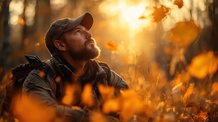 A contemplative man gazes upward amid vibrant autumn leaves, representing a moment of reflection and connection to nature's beauty and the changing seasons.