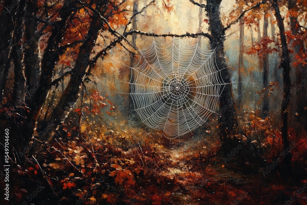 Poster a large spiderweb hangs in a misty autumn forest, sunlight illuminating its intricate design.