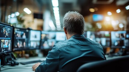 A man is seated amidst multiple screens in a command center, showcasing focus and determination as he navigates through tasks requiring sharp attention and skill.