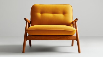 Fototapeta premium A contemporary yellow accent chair with wooden arms stands out in a minimalist setting, embodying modern design aesthetics that enhance stylish residential interiors.
