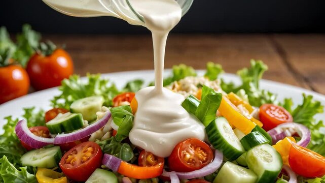 Fresh salad preparation with colorful vegetables and creamy dressing on a wooden table