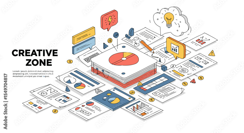 Poster creative zone isometric illustration with graphs and light bulb for innovative design concepts vecto