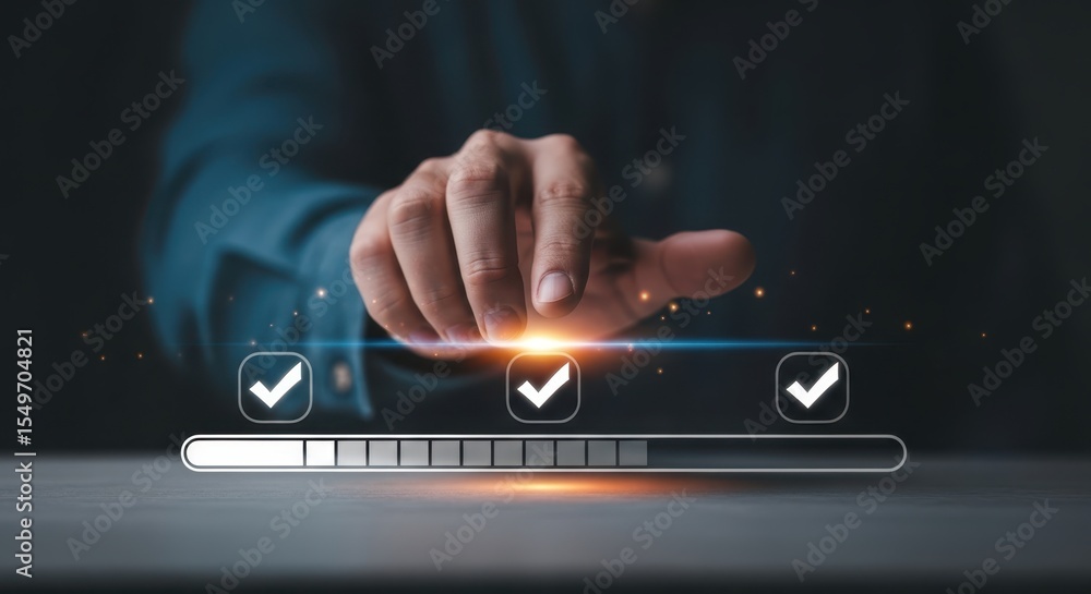 Poster photo of a hand is touching a screen showing three check marks and a progress bar indicating task co