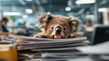 A charming koala peeking from a pile of paperwork in an office setting, juxtaposing the mundane with the whimsical, highlighting a playful touch to corporate life.