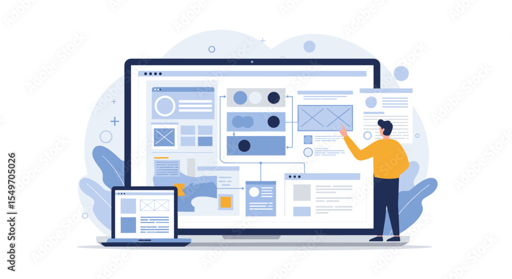 Poster web design and development concept with ui elements and creative process for digital projects vector