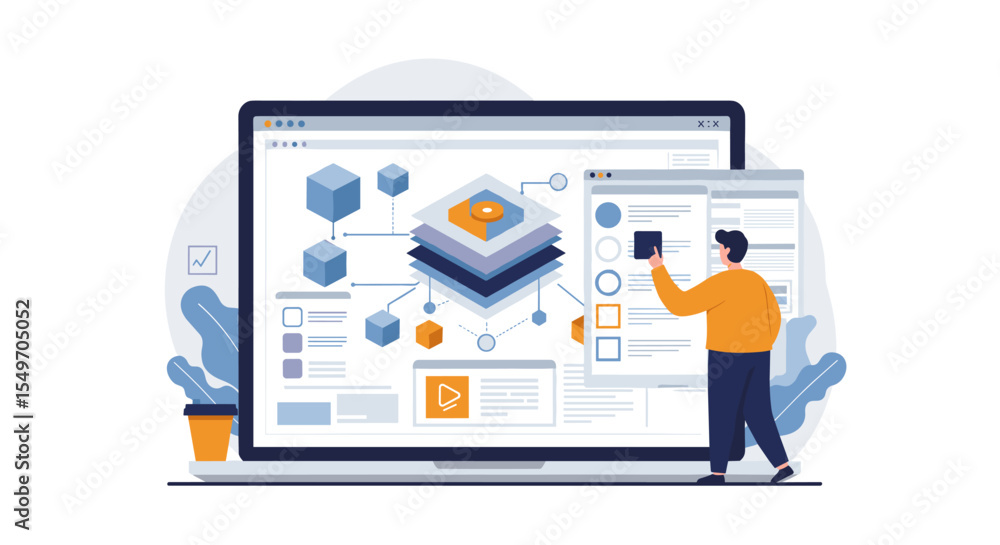 Poster digital project management and data visualization concept for web design and development vector illu