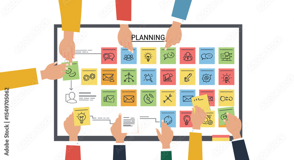 Poster collaborative business planning session with diverse team using colorful sticky notes vector illustr
