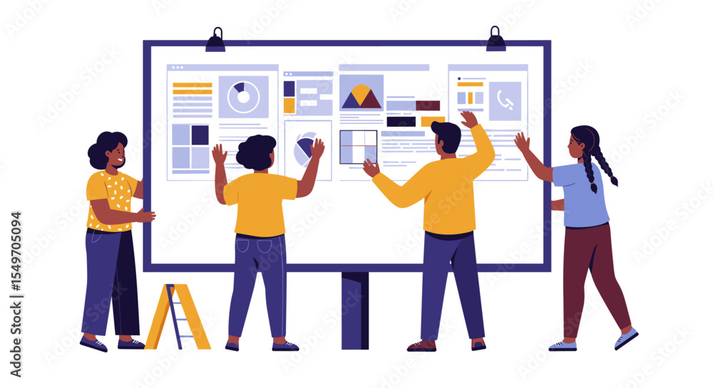 Poster team collaboration on data analysis and presentation design for project development vector illustrat