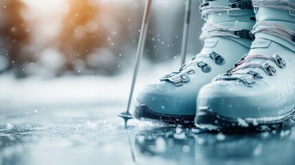 A close-up shot of ski boots on a snowy surface, showcasing the boots' intricate details while embodying the spirit of winter sports and adventure in a frosty environment.