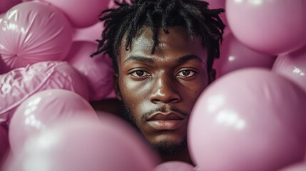 A striking portrait of a man gazing directly at the camera, partially submerged in a sea of pink balls, representing playfulness and fun with a hint of surrealism in a creative setup.