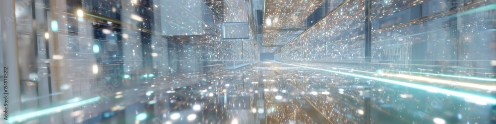 Poster abstract futuristic corridor with glowing lights and reflective surfaces creating an immersive effec