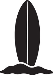 Silhouette vector of a surfboard stuck in sand, perfect for beach, surfing, summer, and coastal design themes.