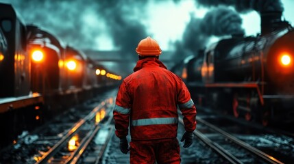 Fototapeta premium A dedicated worker in red attire observes classic steam locomotives on the tracks, symbolizing hard work and the rich history of the railway industry.