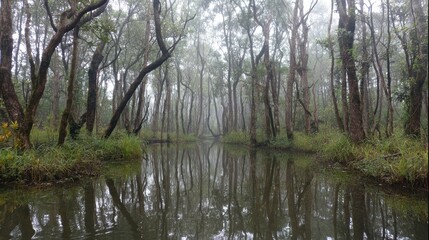 Foggy mangrove swamp reflected in still water