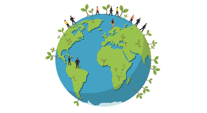 Global unity and environmental awareness: people and nature on earth vector illustration