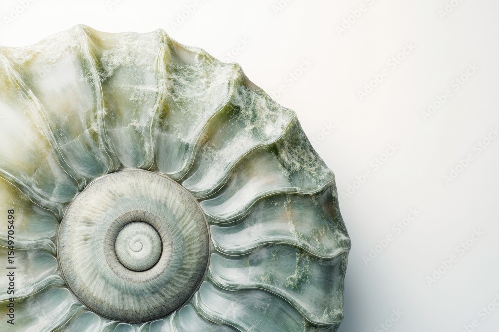 Poster close-up of a fossilized ammonite, showcasing its intricate spiral structure and aged texture.