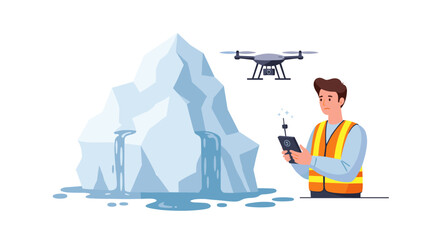 Drone monitoring of melting iceberg by engineer in safety vest for environmental observation and research vector illustration