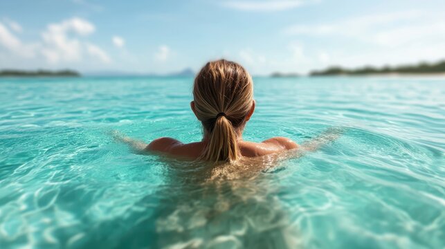A peaceful scene of a woman enjoying the tranquility of swimming in crystal clear ocean water, showcasing relaxation and the beauty of nature.