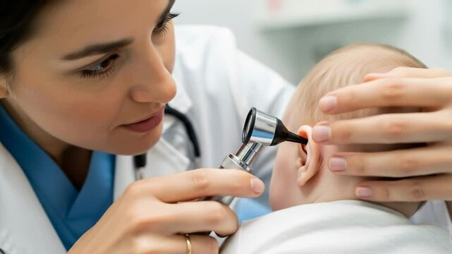 ENT pediatrician examines a baby's ear. Doctor's appointment.