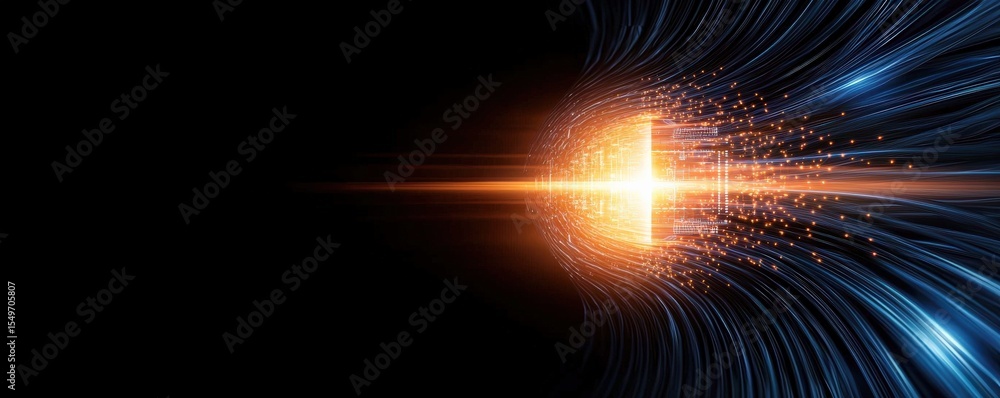Poster quantum computing superposition concept. abstract light trails converging towards a bright core.