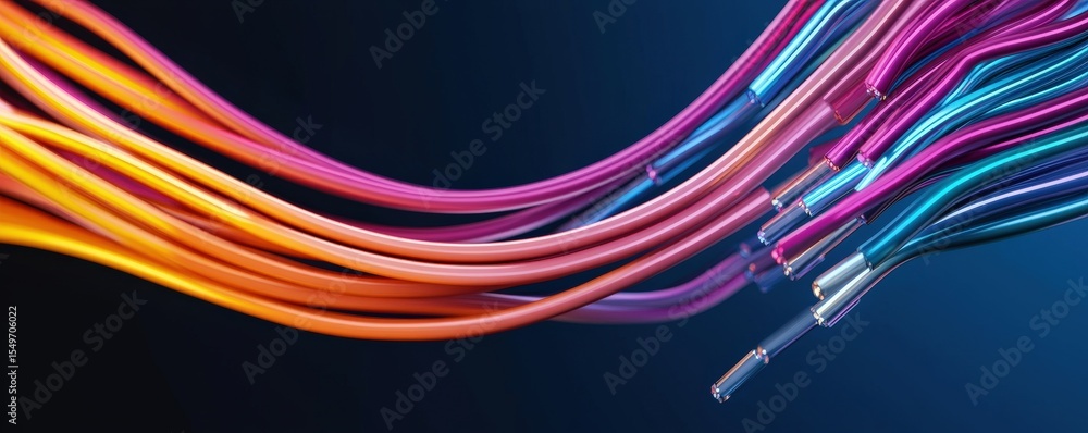 Poster quantum computing superposition concept. vibrant flowing wires in dynamic colors against a dark back