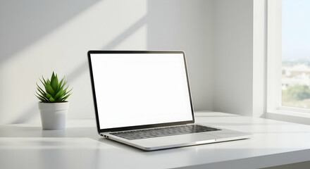 Fototapeta premium Modern Laptop Mockup White Desk Minimalist Workspace Home Office Blank Screen Technology Device