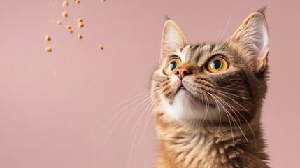 A captivated cat gazes upward as treats are tossed in the air, showcasing its curiosity and playful nature, creating a heartwarming scene filled with delightful anticipation.