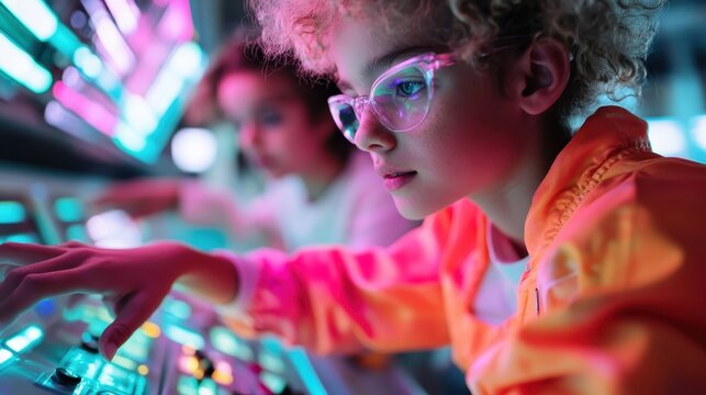A focused young innovator using a futuristic control panel, surrounded by vibrant lights and screens, showcasing creativity and the spirit of technology in a dynamic environment. - Powered by Adobe