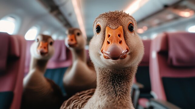 Three inquisitive geese take an unexpected journey aboard an airplane, presenting a whimsical and humorous scenario that captures a playful twist on traditional travel.