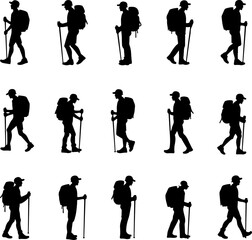 Obraz premium Hikers Silhouette Standing on Mountain Peak vector